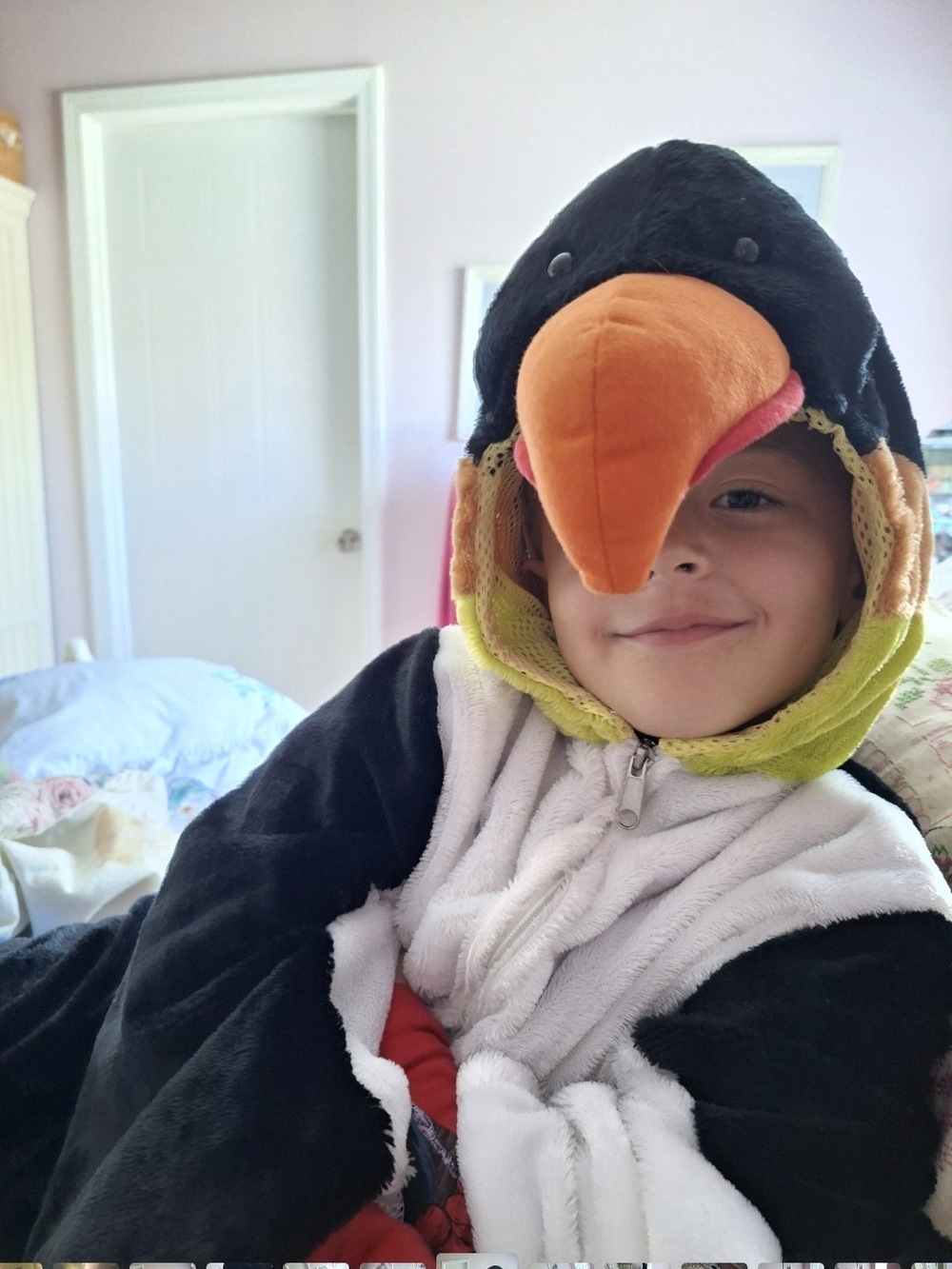 Kids Plush Penguin Costume with Orange Beak and Green Hood Trim